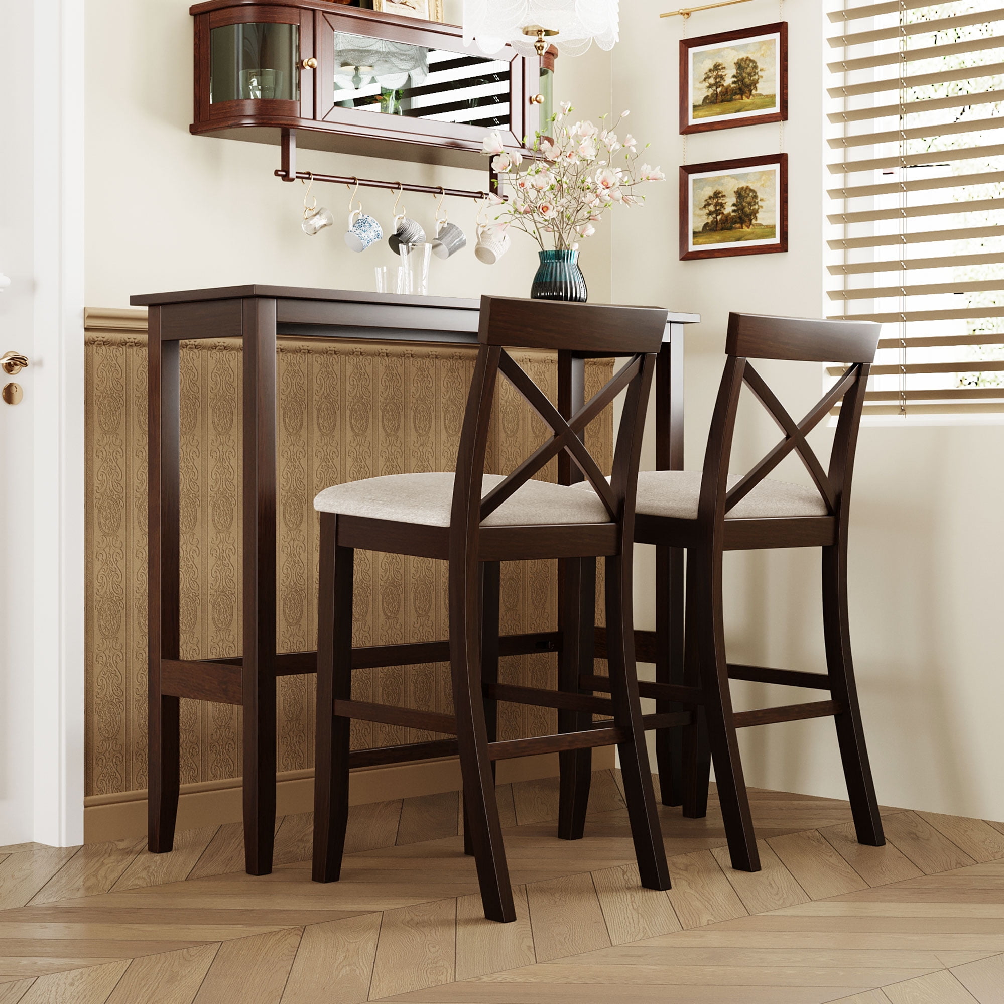 Farmhouse 48”Rectangular Wood Bar Height Dining Set Kitchen Breakfast