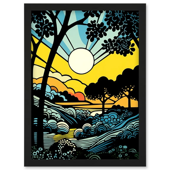 Forest Sunrise Landscape Sun Rays Patterns Blue Orange Pop Art Comic Book Halftone Artwork Framed Wall Art Print A4