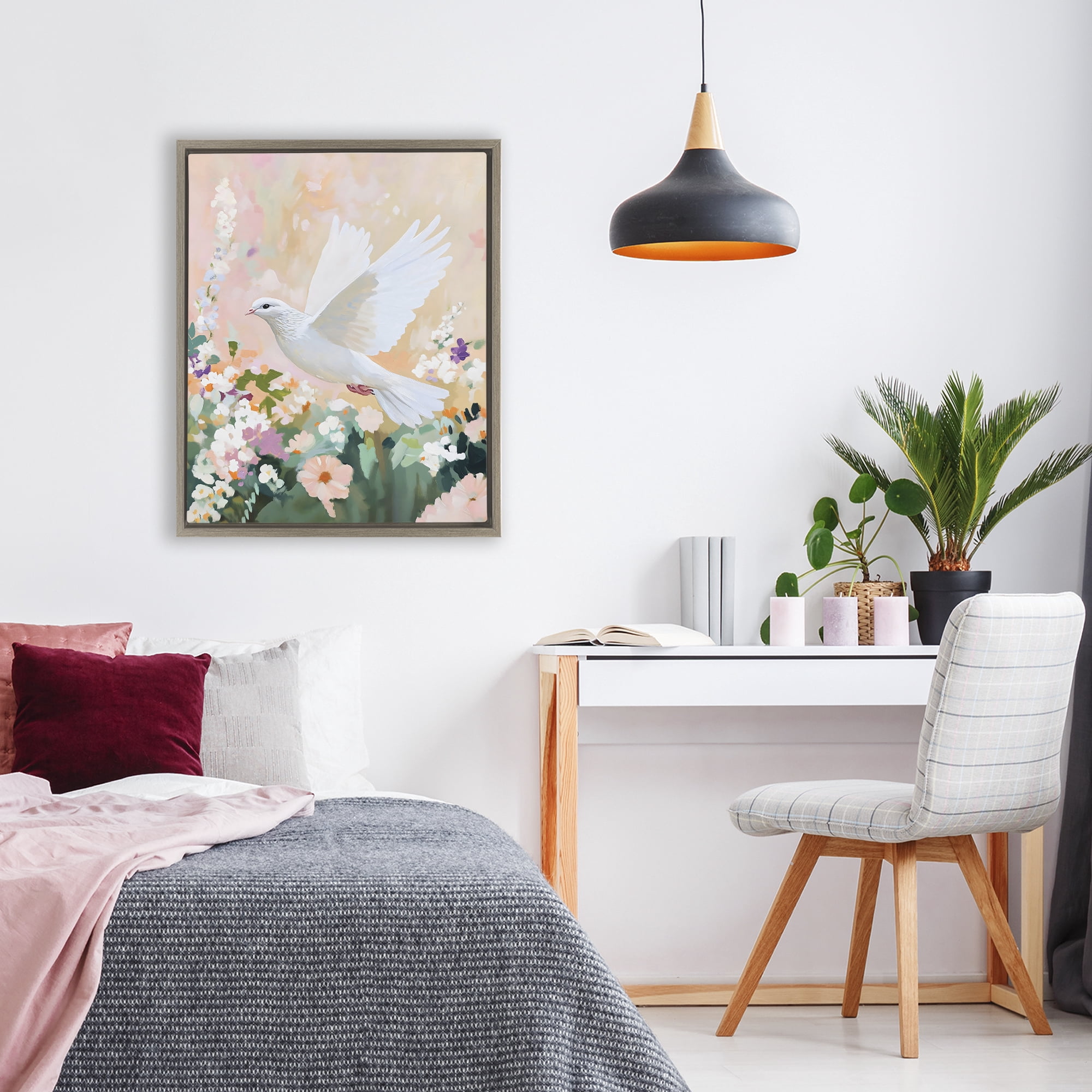 Stupell Industries White Dove Among Spring Blooms Brown Framed Floater Canvas Wall Art, design by The Prints Vibe