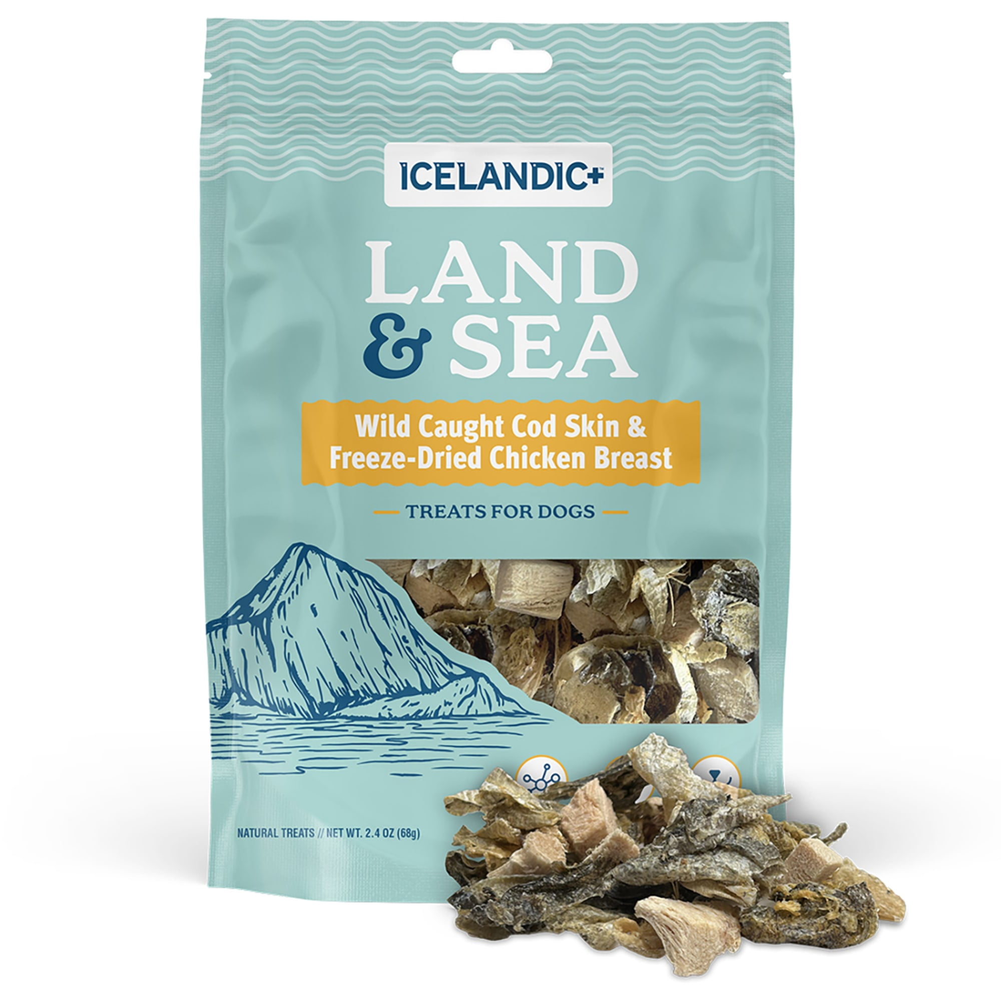 Icelandic+ Land & Sea Wild Caught Cod Skin & Freeze-Dried Chicken Breast - 2.4oz Bag, Dog Treat & Food Topper, 2 Ingredient, No Preservatives, Natural