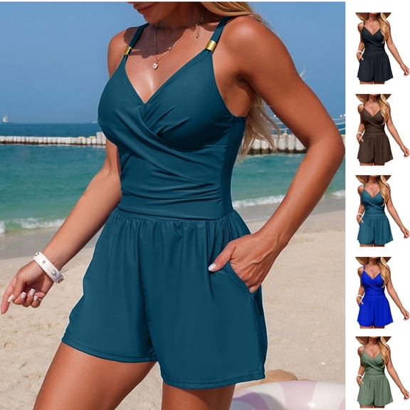 Maqroz Women's Romper Swimsuits Wrap Front One Piece with Shorts Pockets Tummy Control Navy,XXL