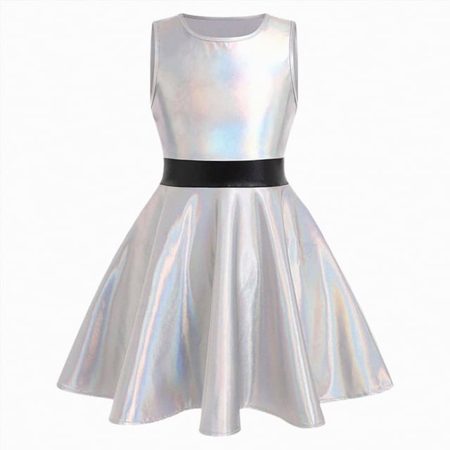 gdxvjhbj Robe en Tulle pour Tout-Petit Robe Fille Décontractée Col Rond Ligne A Manches à Volants Longueur Genou Robes 5T 6T (Argent,5-6 Ans)