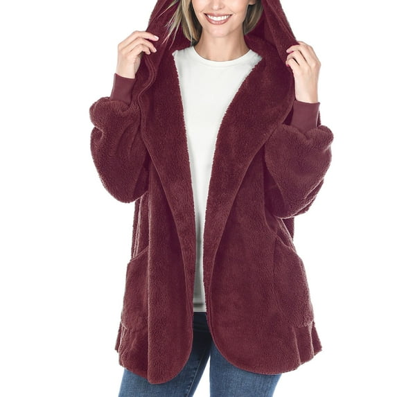 Women's Casual Oversized Hooded Cardigan Outer Faux Fur Fleece Fuzzy Sherpa Jacket w/ Pockets