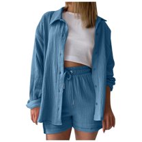 Wuxian Women's 2 Piece Outfit Solid Long Sleeve Shirt With Button Down Match High Waist Drawstring Shorts Wide Leg Casual Set