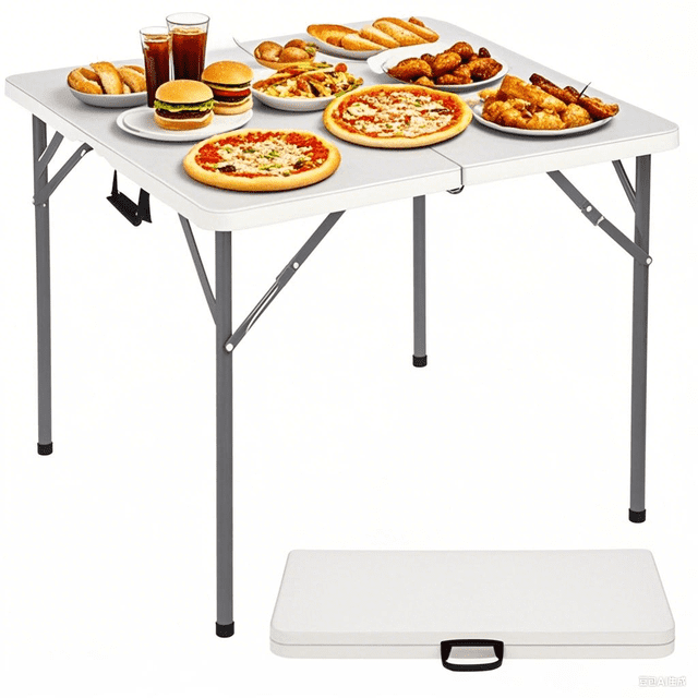 NiamVelo 34-inch small folding table in white with a square design, made of high-density polyethylene and rust-resistant steel legs. Features include a locking mechanism, non-slip rubber feet, and a handle for portability. The table is shown with food items, ideal for dining, parties, or outdoor use. A folded view highlights its compact, easy-to-carry design.