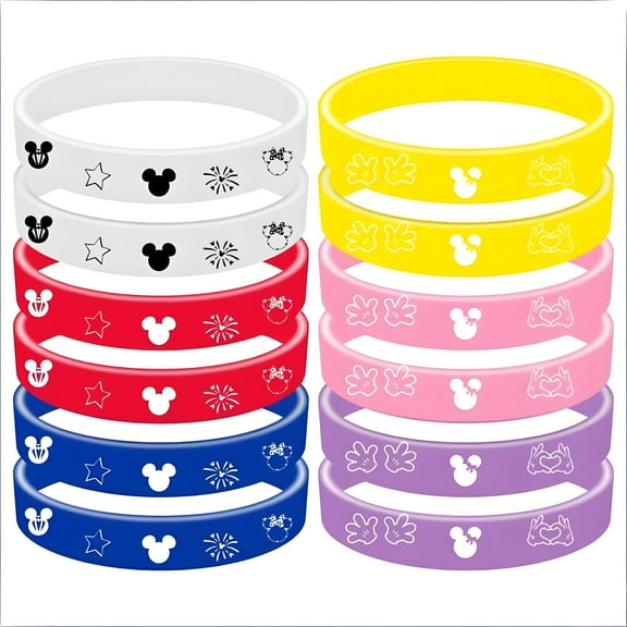 12Pcs Mickey Rubber Bracelet Anime Silicone Bracelets Adult Stretch Wristbands Rubber Gifts for Men Women Teens Gym Kids Adults Party