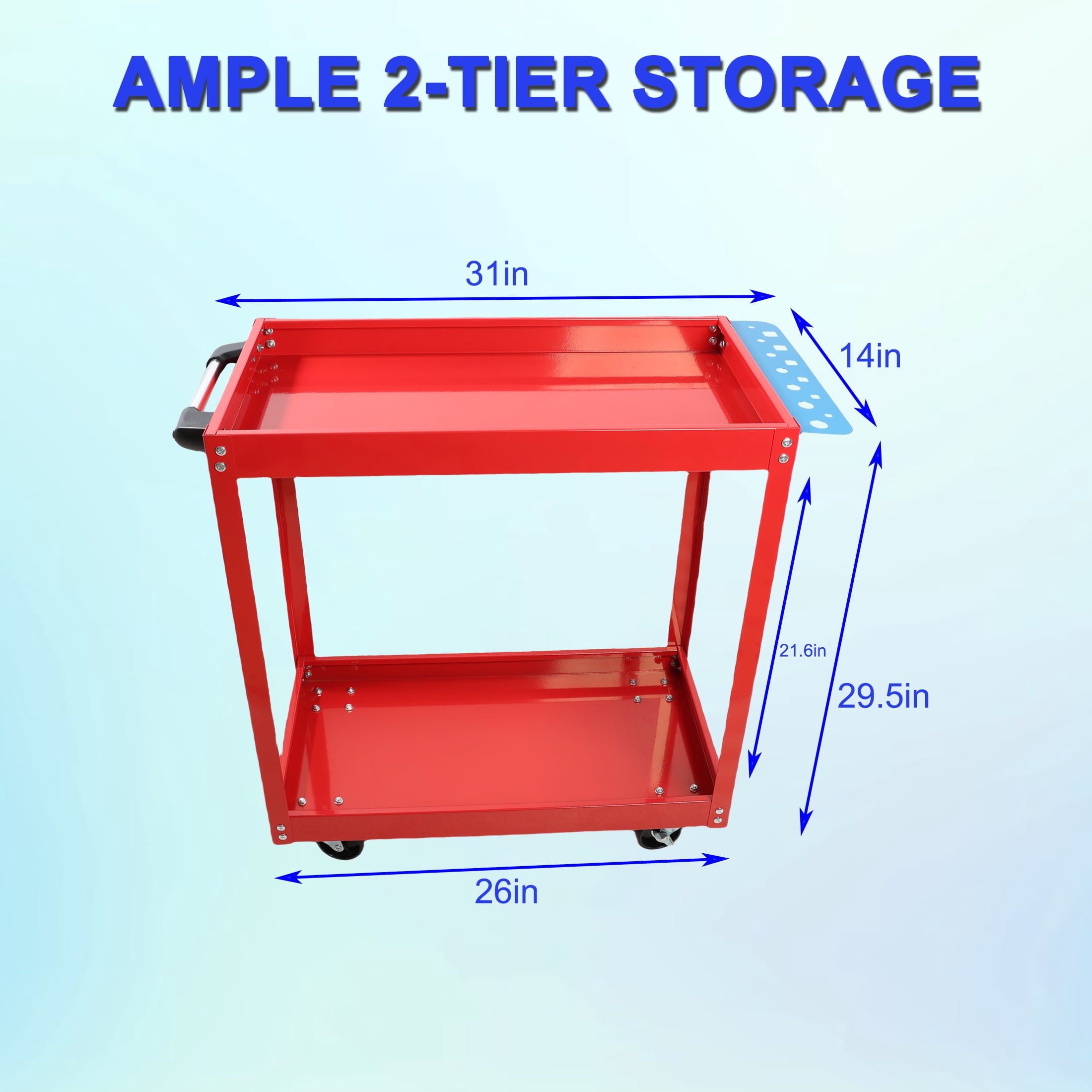 Tool Cart on Wheels, Heavy Duty Steel Utility Cart w/Lockable Wheels, 400 LBS Capacity Industrial Service Cart for Garage, Warehouse, Workshop (Two-layer Bright Red)