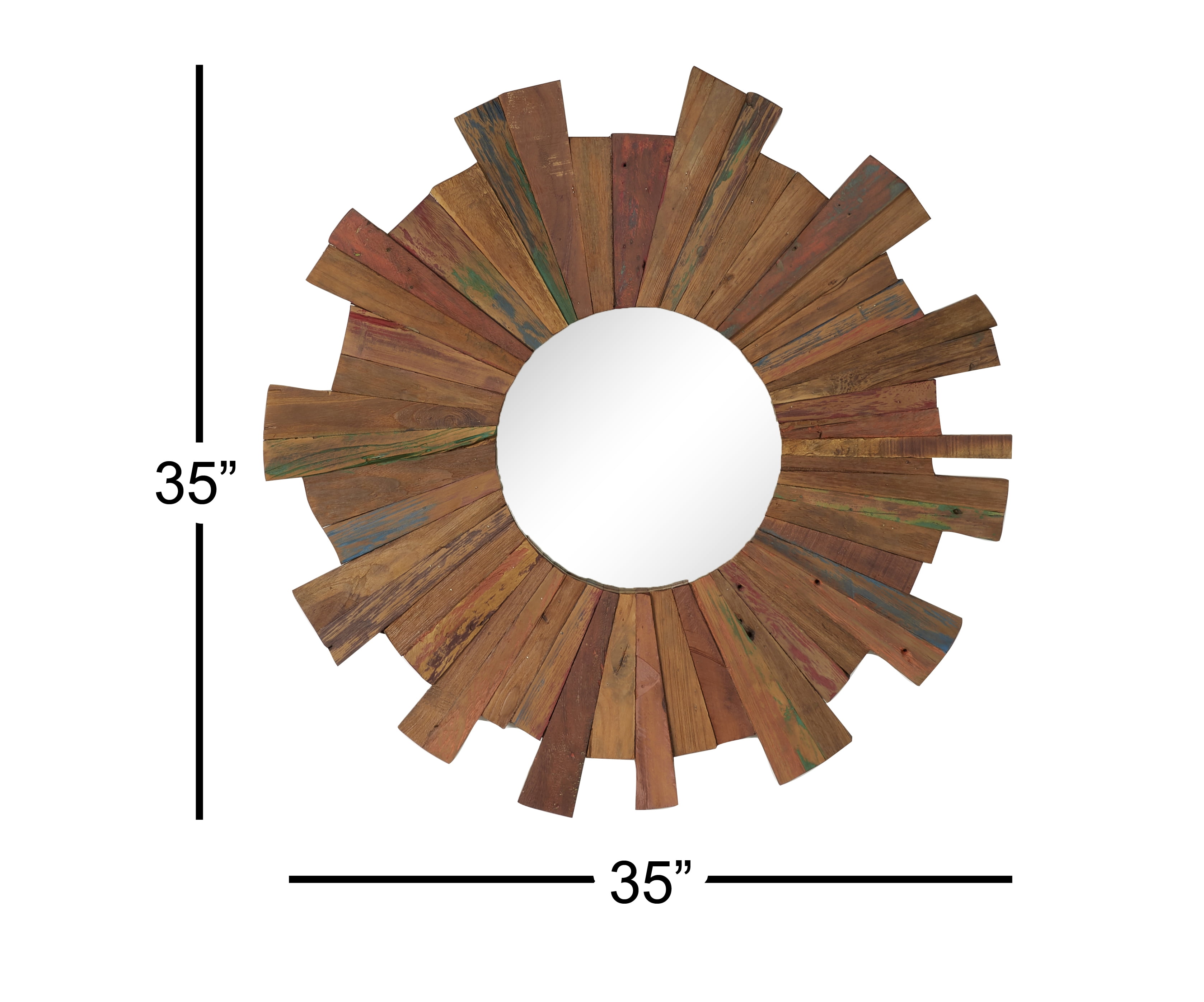 Decmode Large Eclectic Multi-Colored Reclaimed Wood Round Wall Mirror, 35.5”