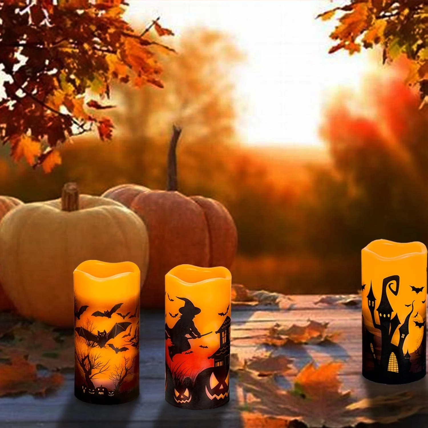 Behome LED Flameless Halloween Candles with Remote and Timer, Battery Operated, Real Wax Flickering Pillar Candles, Flat Wick & Dimmable Light, Castle Witch Bats Holiday Decor(3 Pack, 3 x 6 Inches)