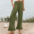 thumbnail image 2 of DeHolifer Women Pants Cotton Linen Solid Color Ruffle Elastic Waisted High Waisted Casual Wide Leg Long Pants Army Green 2XL, 2 of 7