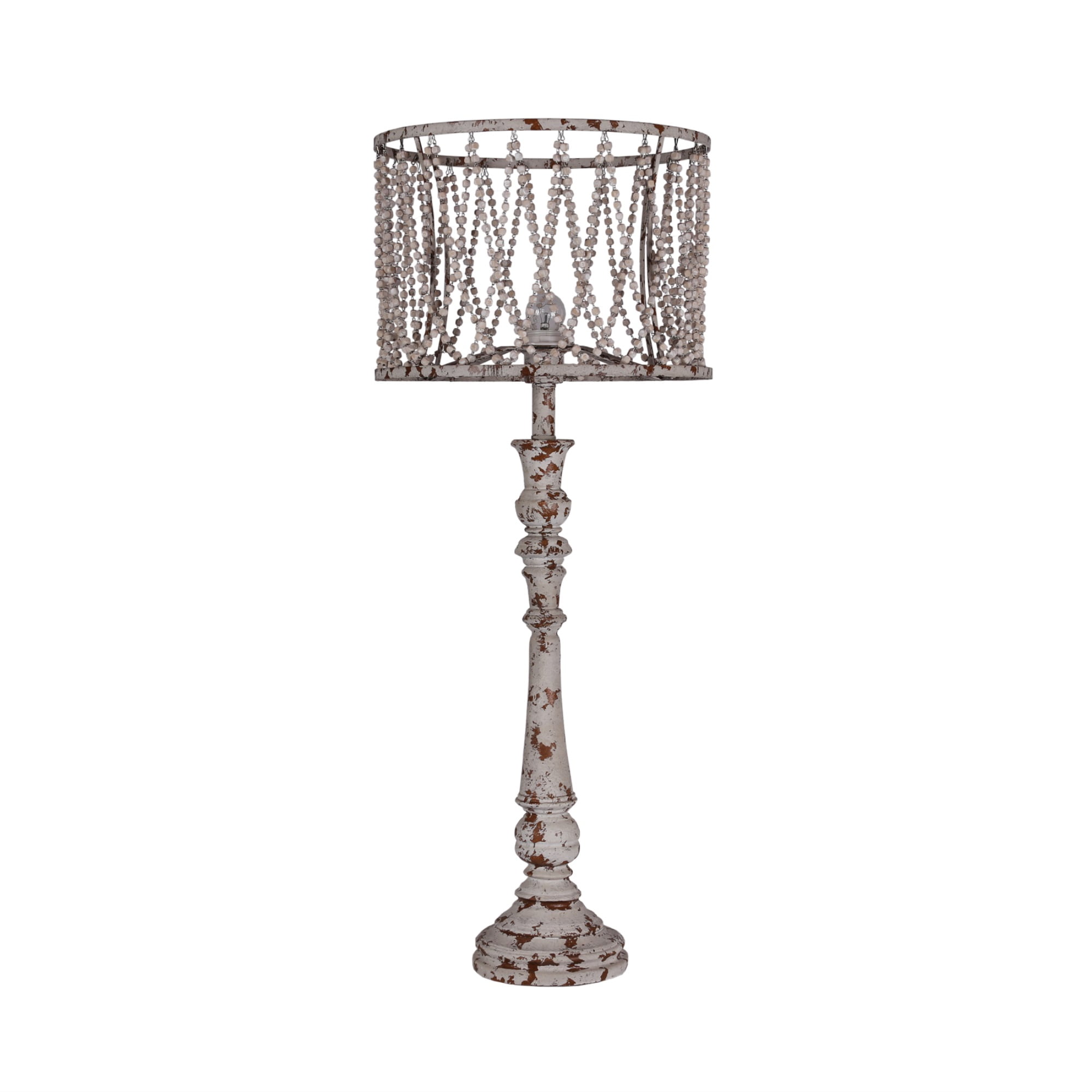 Farmhouse Chic Distressed Wood Table Lamp with Beaded Shade