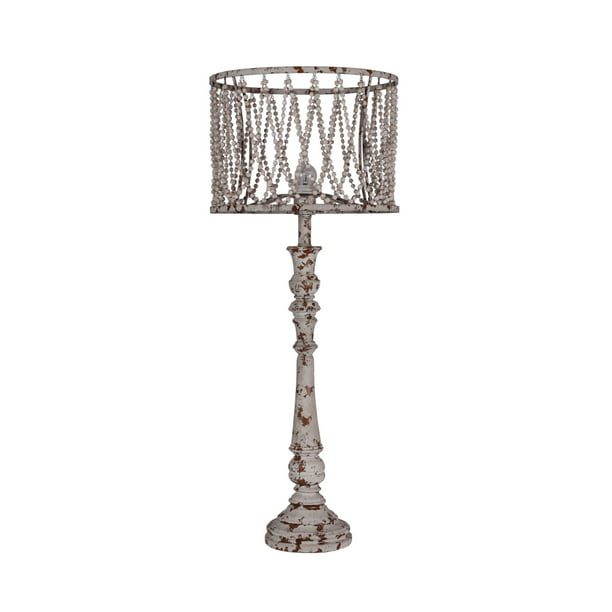 Farmhouse Chic Distressed Wood Table, White Wood Bead Table Lamp