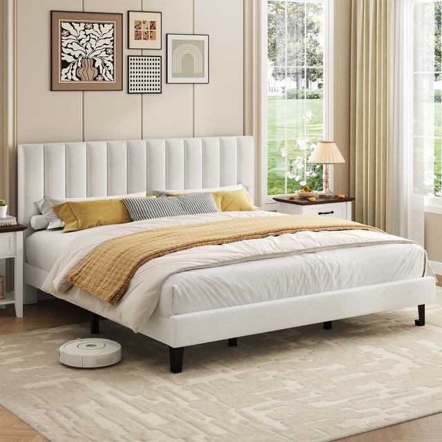 Velvet Upholstered Bed Frame with Adjustable Tufted Headboard, Platform Design, No Box Spring Required, Easy to Assemble