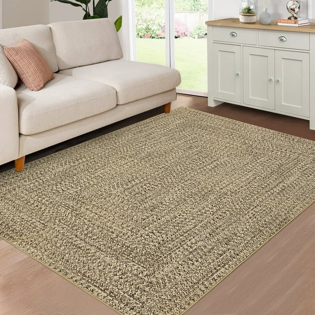 GlowSol 8' x 10' Area Rug Modern Braided Print Rugs for Living Room Bedroom Non-Slip Low Pile Accent Rug Washable Floor Cover, Natural