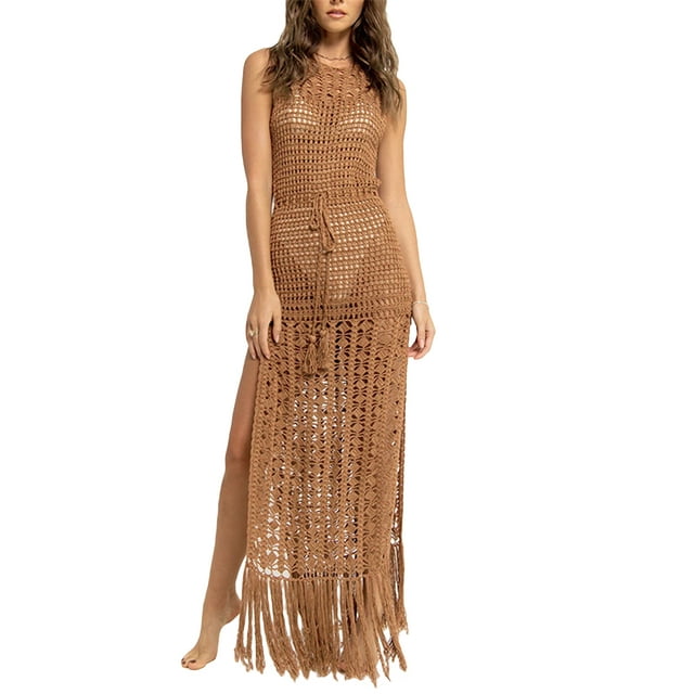 Faithtur Bikini d'Été pour Femmes Cover-Up, Solide Tricot Crocheté Creux sur Manches Col Rond Côté Fente Pompon Robe de Réservoir