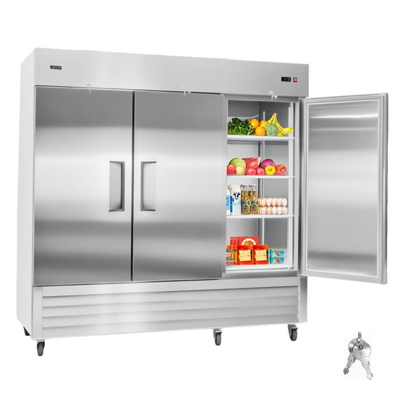VEVOR Commercial Reach-In Refrigerator 85" W, 69 Cu.Ft Stainless Steel Upright Refrigerator with Three Doors, Auto-Defrost, 12 Adjustable Shelves, 32 to 50℉ Temp Control, ETL Certified