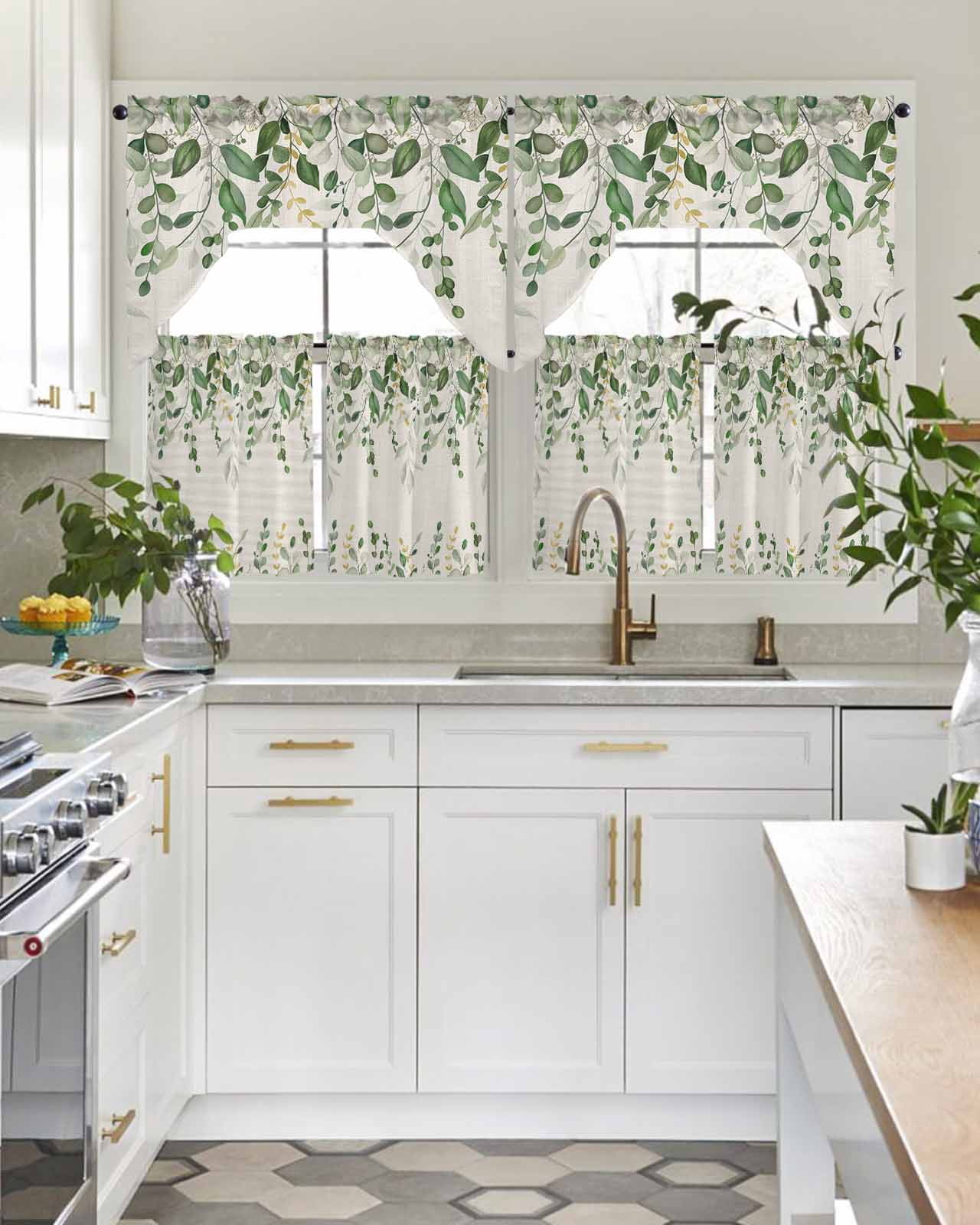 Sage Green Eucalyptus Kitchen Curtains Sets for Windows 3 Piece, Farmhouse Weeping Leaves Linen Kitchen Curtains and Valances Tier Set 36 Inch Length Swag Curtain for Living Room Cafe Bathroom