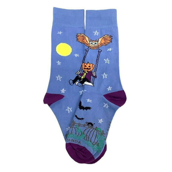 Pumpkin Head Swinging with an Owl by the Moon Socks (Adult Small - Shoe Sizes 2-5)
