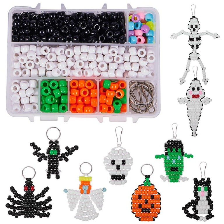 1Box 1 Box DIY Make 9SETS Halloween Theme Bead Pets Kit 8mm Pony Beads  Assortment Box Set with Keychain Keyring & Lanyard Clips Instruction 