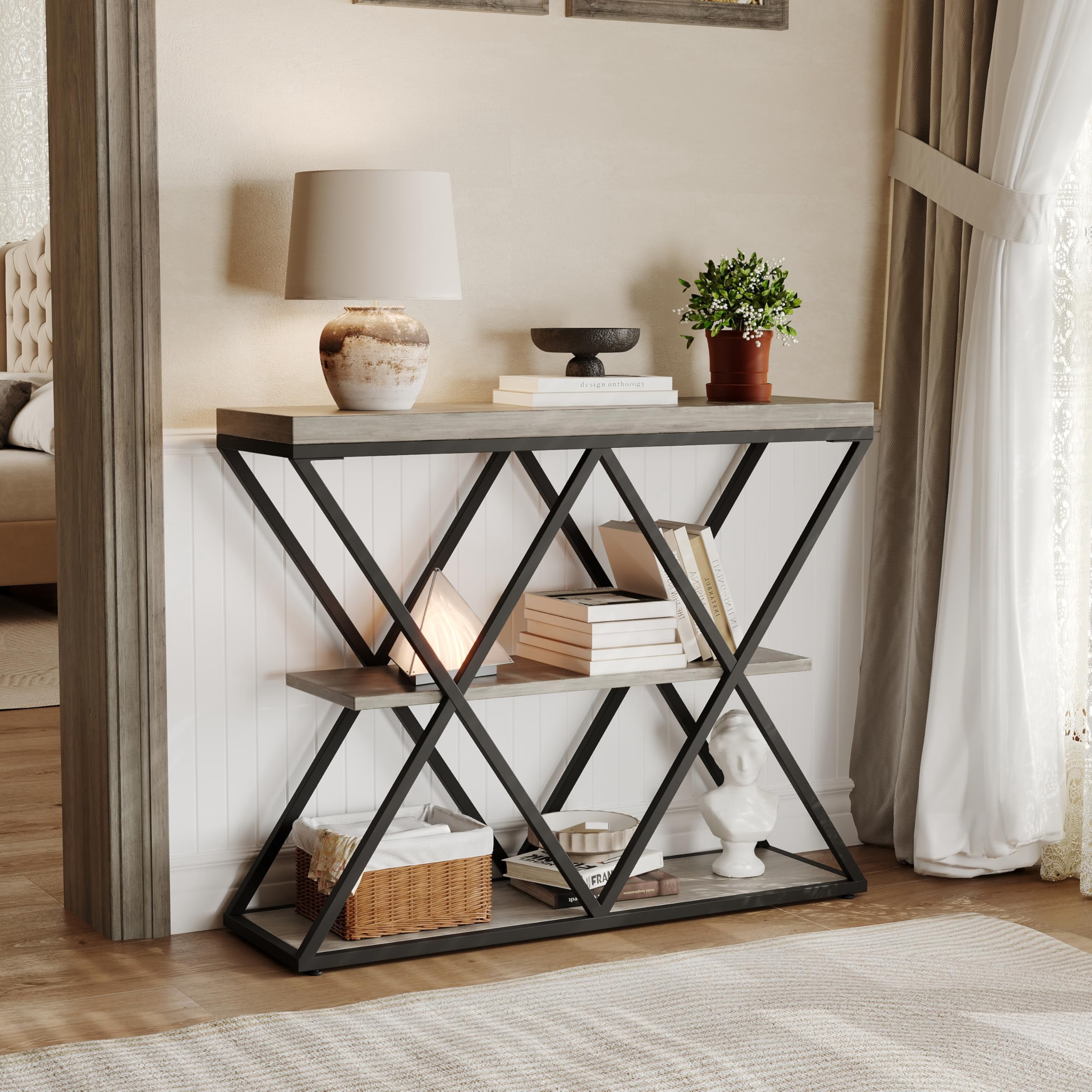 3-Tier Industrial Entryway Console Table - X-Shaped Metal Frame & Open Storage Shelves, Ideal Hallway Accent Table