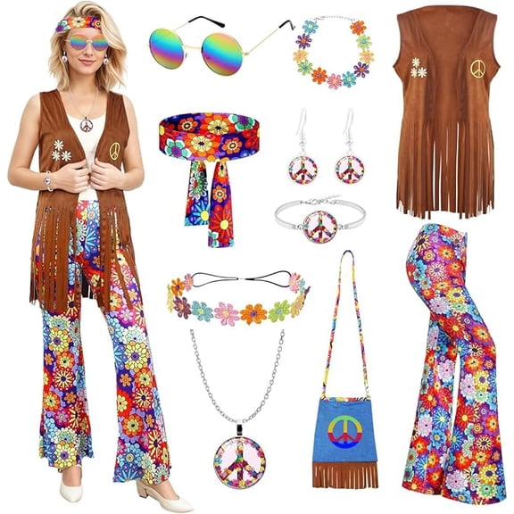 70s Fancy Dress Women,Hippie Costume with Fringe Vest Flared Pants,1970s Retro Hippie Outfit for Carnival Cosplay, L
