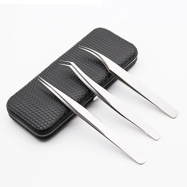 Ensemble Professionnel de Pinces à Cils Outil d'Application de Cils Kit de Pinces Antistatiques en Acier Inoxydable pour Extension de Cils (3 Pcs, Argent)