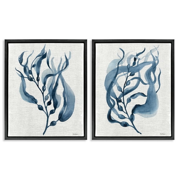 Stupell Industries Fluid Blue Herbs Floral Painting Black Floater Framed Canvas Art Print Wall Art, 17 x 21, Set of 2