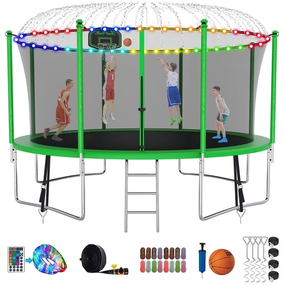 Kumix Trampoline 1400LBS 14FT Trampoline for Kids Adults, Trampoline with Basketball Hoop, Enclosure, Wind Stakes, Lights, Sprinkler and Socks, Outdoor Heavy Duty Galvanized Recreational Trampoline