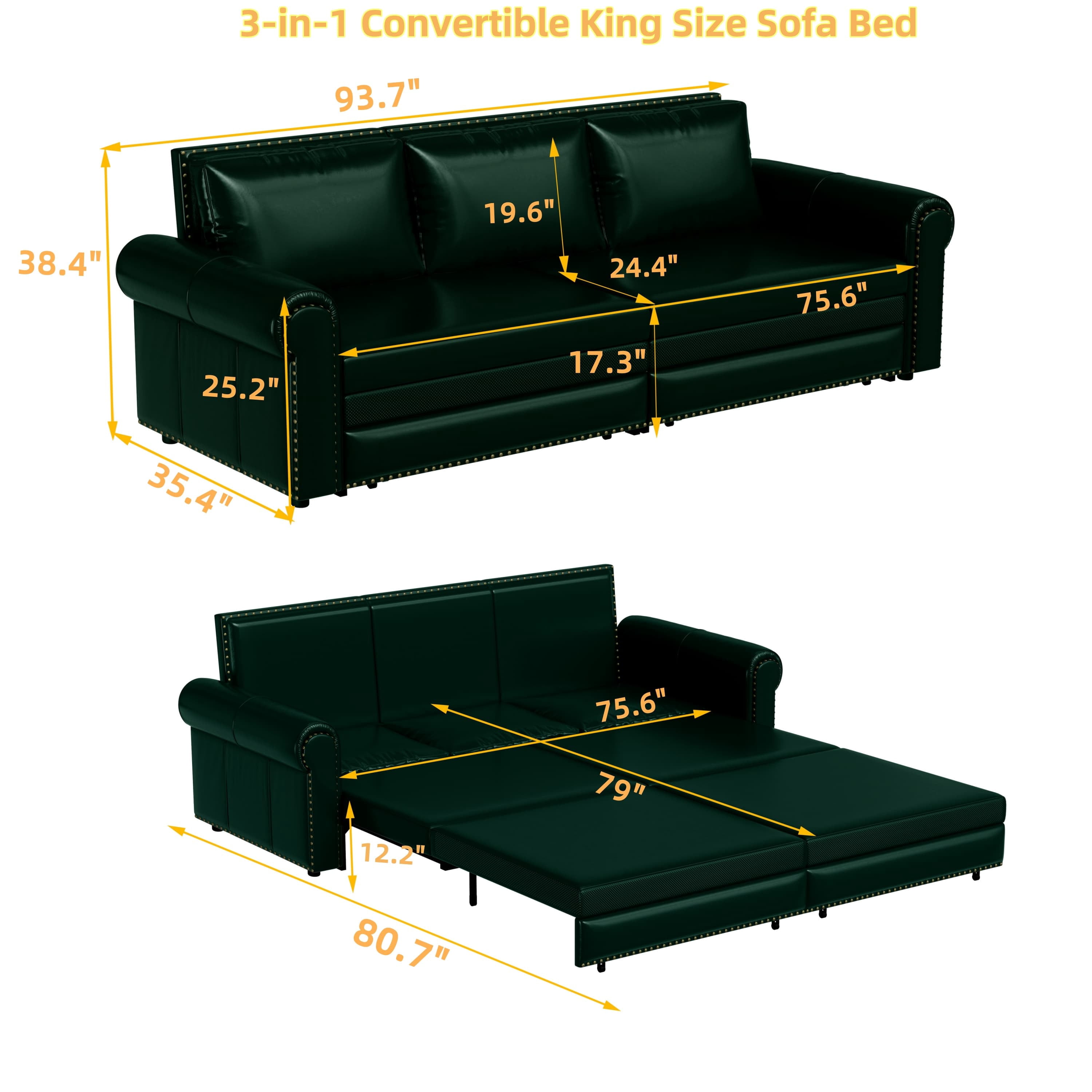 Chesterfield Sofa,93.7" King Pull Out Sofa Bed,3-in-1 Faux Leather Convertible Sleeper Sofa with Nailhead Trim & Rolled Arm,Multi-Functional Sofa Bed for Living Room,Bedroom