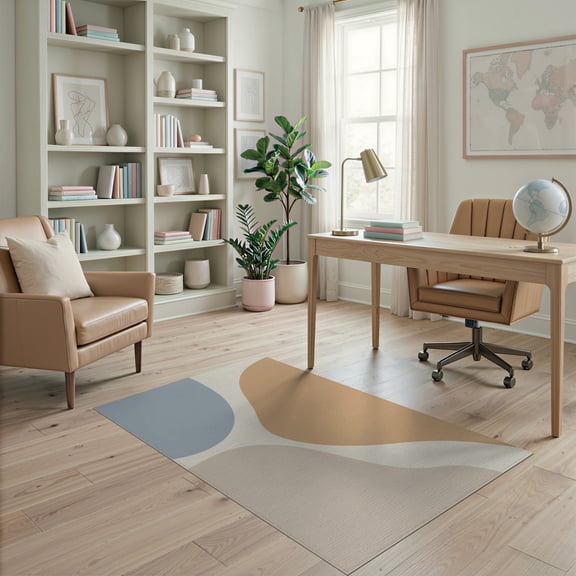 ODIKA 4'x6' Blue Beige Minimal Retro Abstract Design Washable Area Rug Flowing Shapes with Subtle Earthy Tones Pet Friendly, Non-Shedding for Bedroom, Reading Nook