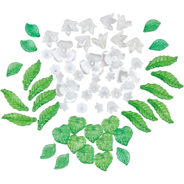 Kit de cuentas florales: 6 estilos de flores acrílicas y hojas, cuentas de cristal blancas con forma de flor y 3 estilos de hojas verdes (tulipanes, campanillas, lirios y flores de tres pétalos).