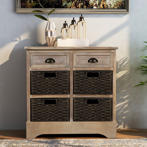 Rustic Storage Cabinet With Two Drawers, White Bathroom Storage Cabinet With Wicker Baskets