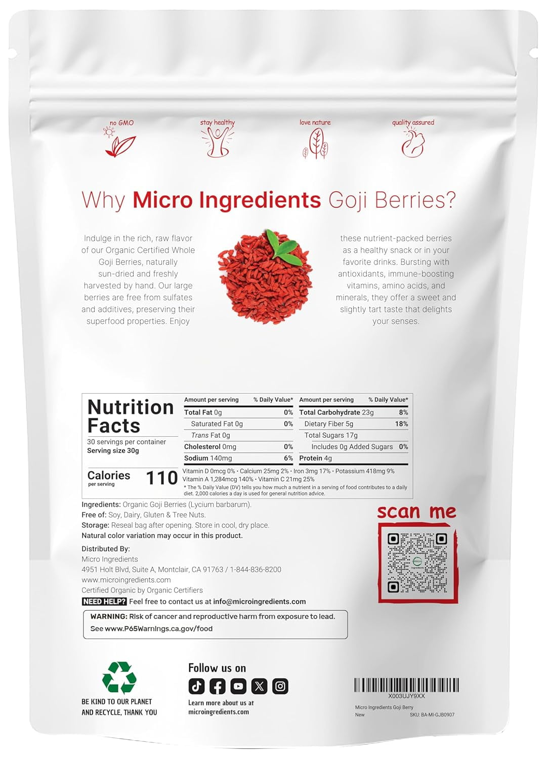 Micro Ingredients Organic Goji Berries, 32 Ounce | Large Whole Sun-Dried Berries | Raw Superfood for Energy, Eye, & Immune Health
