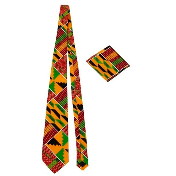 XIAOHUAGUA 2PC Set African Print Necktie for Men Pocket Square Kente Neck Ties