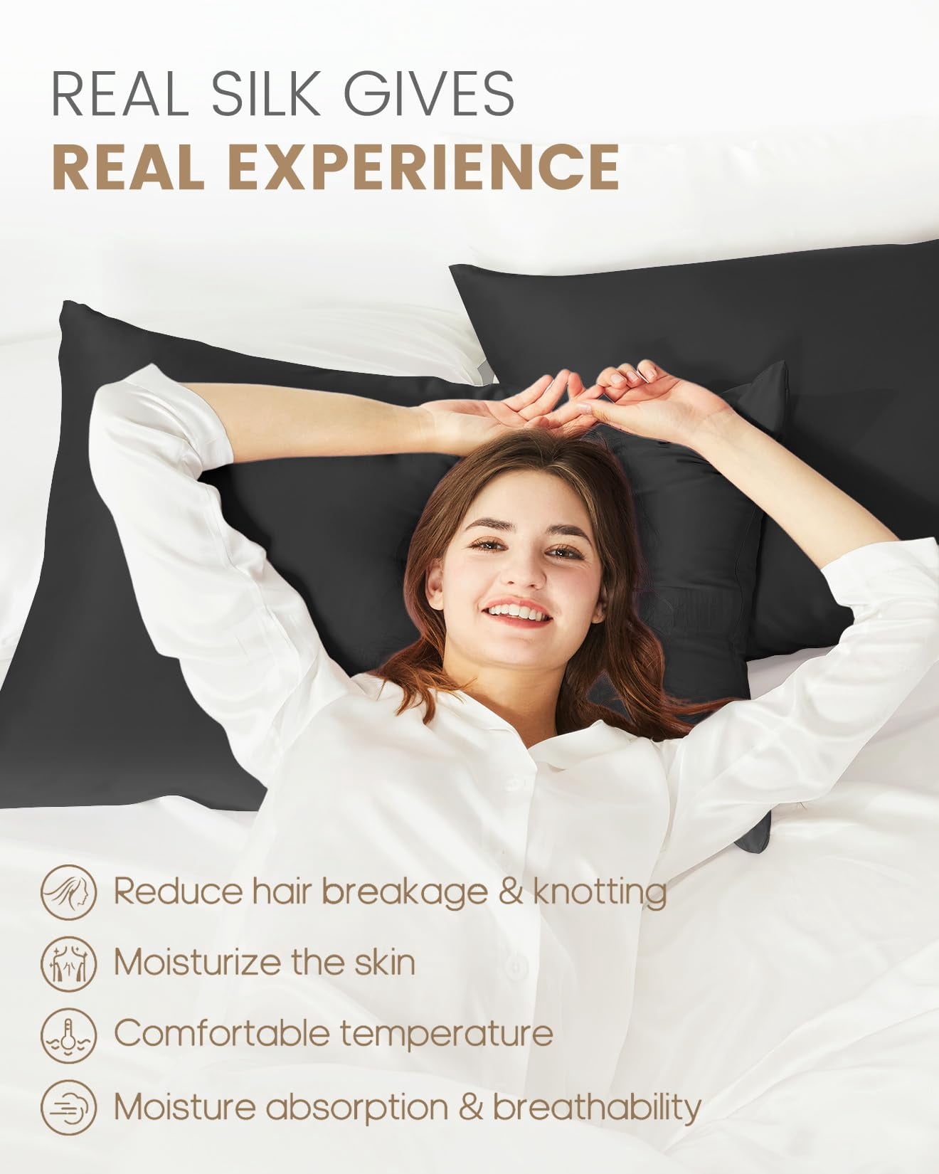 THXSILK 19 Momme Silk Pillowcase, Mulberry Silk Pillow Case with Hidden Zipper, Both Sided 100% Natural Mulberry Silk, Queen Size(20"x30"), Black