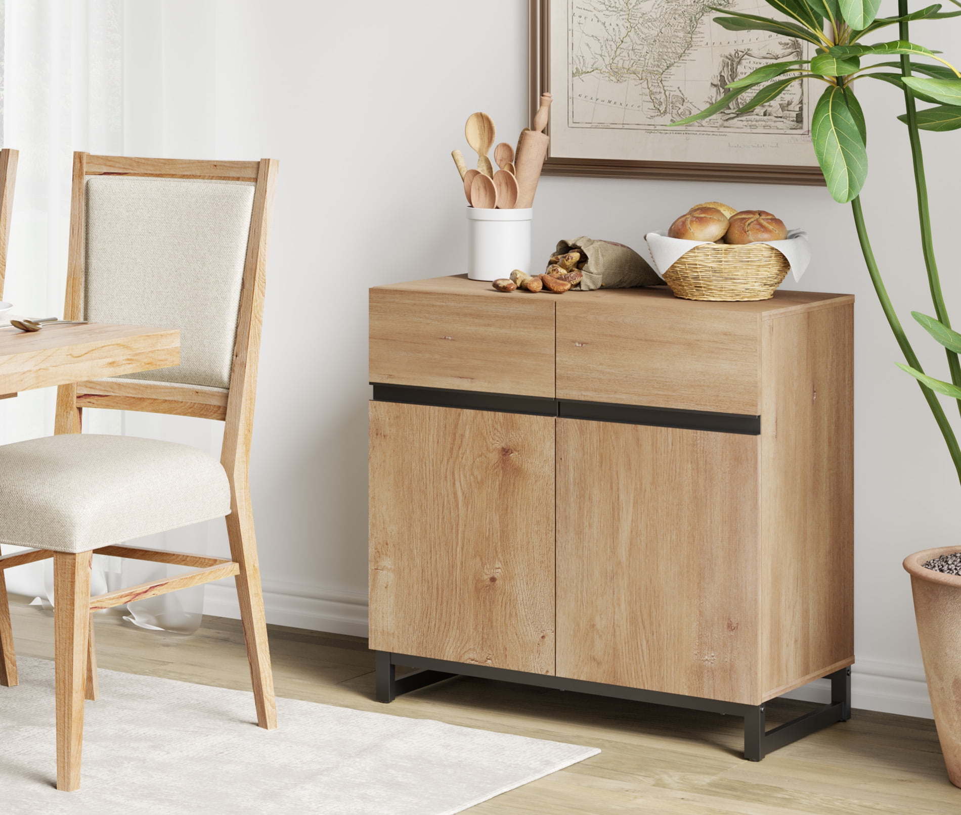 WAMPAT 3 in 1 Modern Sideboard with Adjustable Shelves and 3 Drawers, Coffee Bar Cabinet for Living Room, Kitchen, Oak