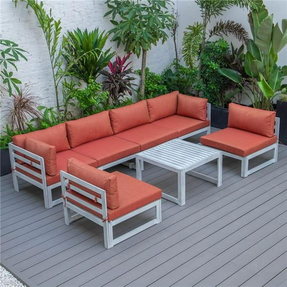 Chelsea Patio Sectional & Coffee Table Set for Weathered Grey Aluminum with Cushions, Orange - 7 Piece