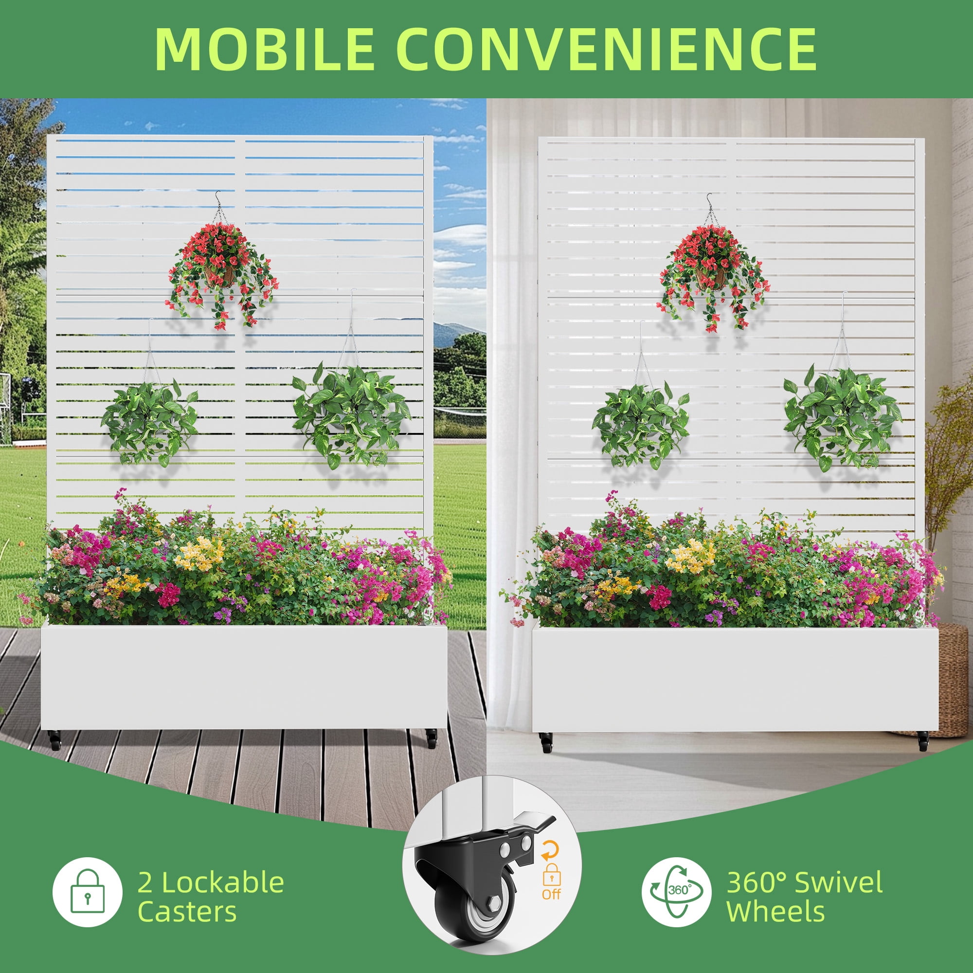 MAYEERTY 47*16*71"Outdoor White Metal Planter with Rect Louvered Climbing Trellis, Drainage hole & Wheels