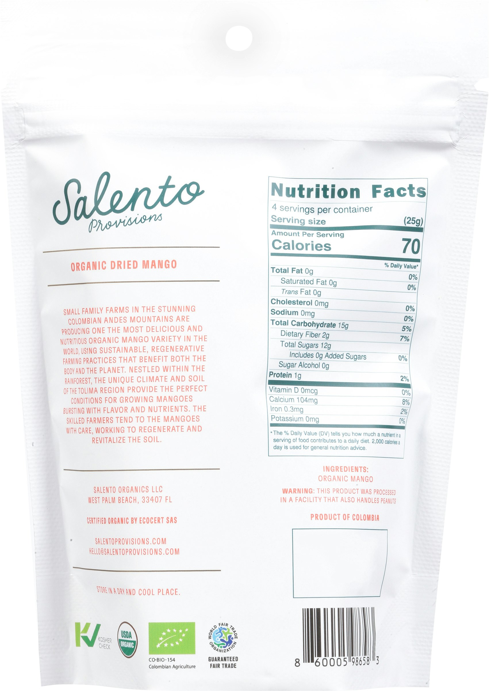 Salento Provisions Organic Sweet Dried Mango 3.5 oz (Pack of 6)