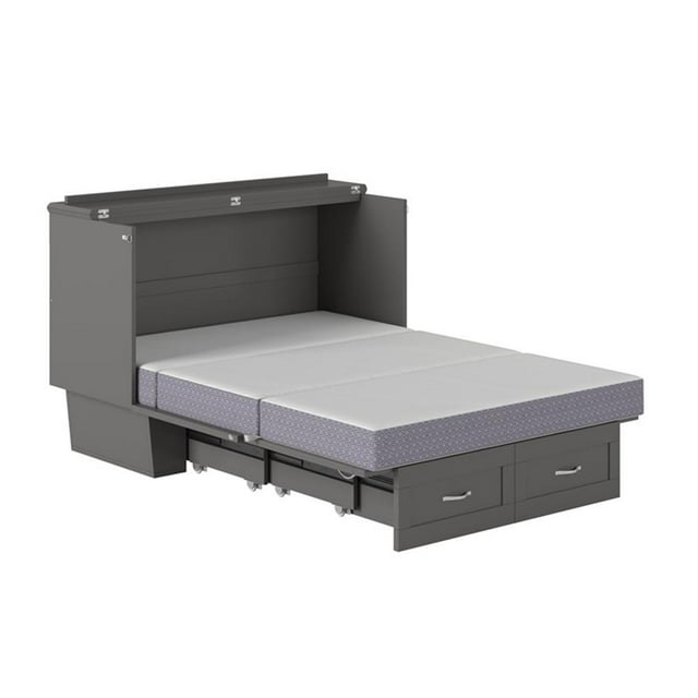Pemberly Row Solid Wood Frame Full Size Murphy Bed Chest with Mattress in Gray
