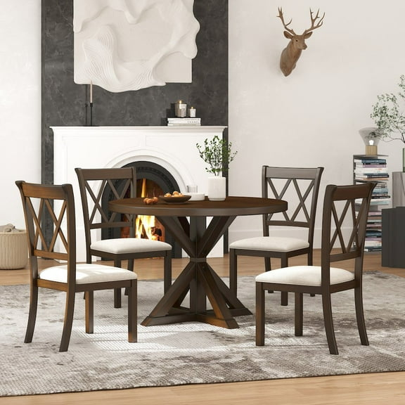 Roundhill Furniture Windvale 5-Piece Dining Set, Cross-Buck Round Table with 4 Stylish Chairs, Espresso