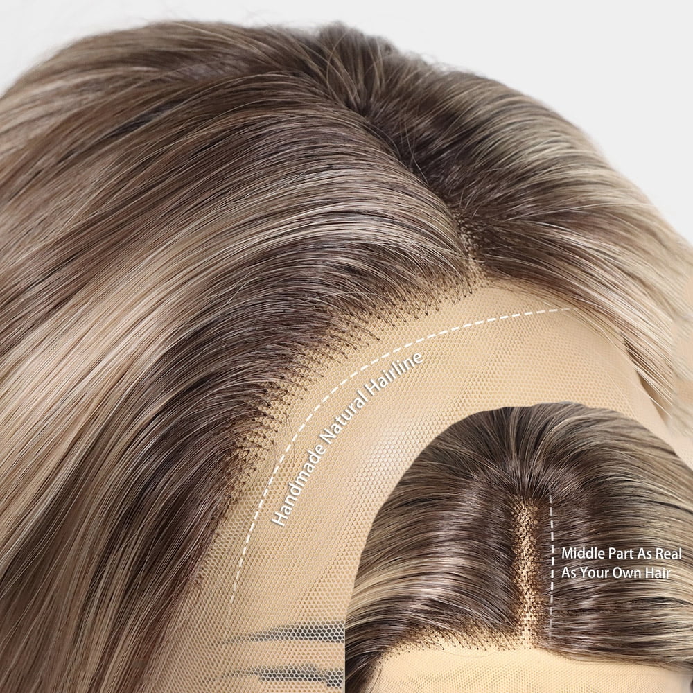 Ash Brown Wavy Highlight Synthetic Lace Front Short Bob Wigs 13x3 Colored Straight Wig Dark Roots Blonde Wig For Women Daily Use