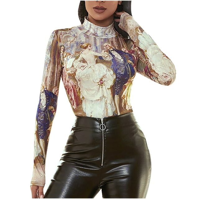 Pompotops Femmes Mode Sexy Haut Col Haut Manches Longues Imprimé Tops T-shirt