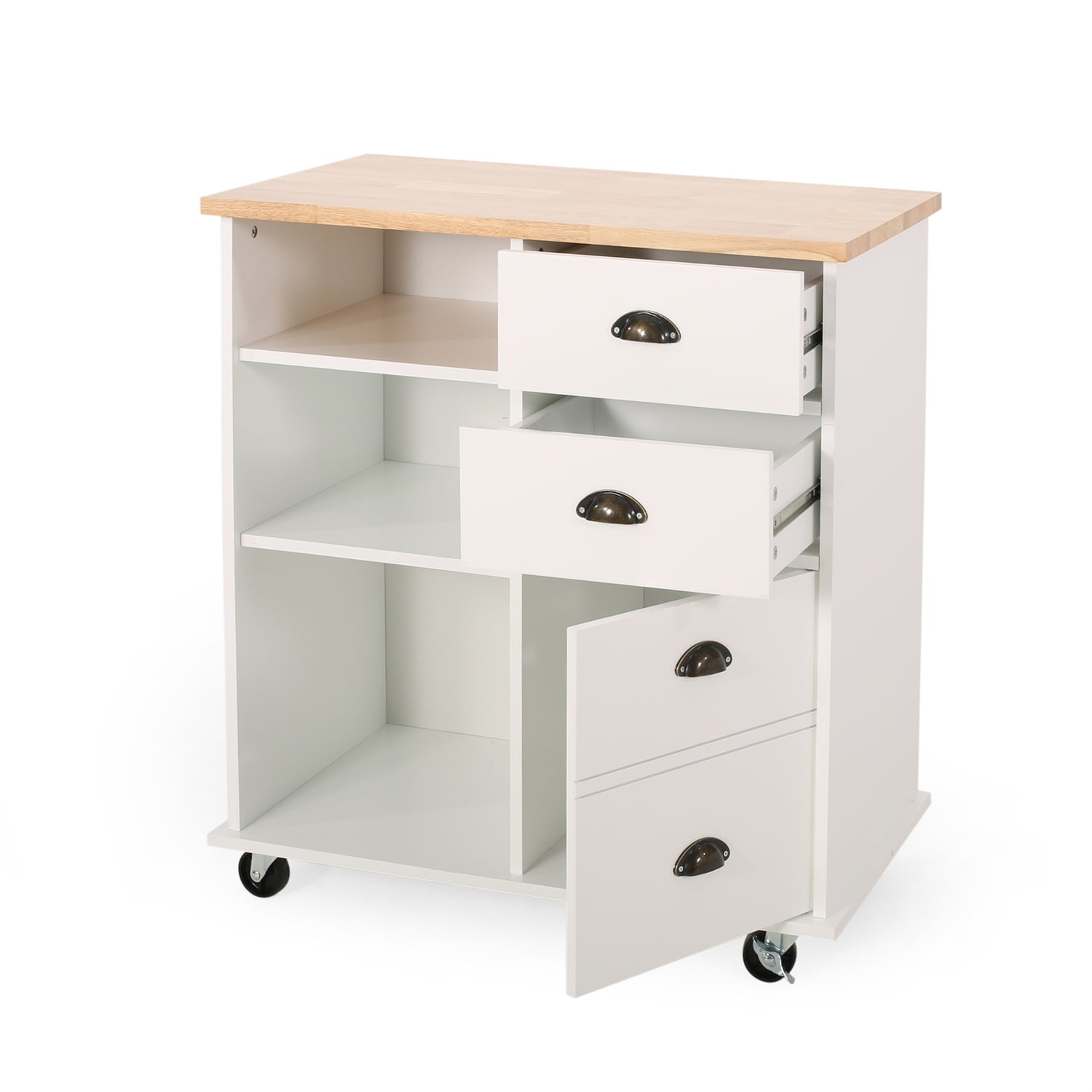 Kadyn Contemporary Kitchen Cart, Solid Wood Kitchen Storage Carts with Drawers, Kitchen Island Cart with Wheels, White and Natural Kadyn Contemporary Kitchen Cart, Solid Wood Kitchen Storage Carts with Drawers, Kitchen Island Cart with Wheels, White and Natural