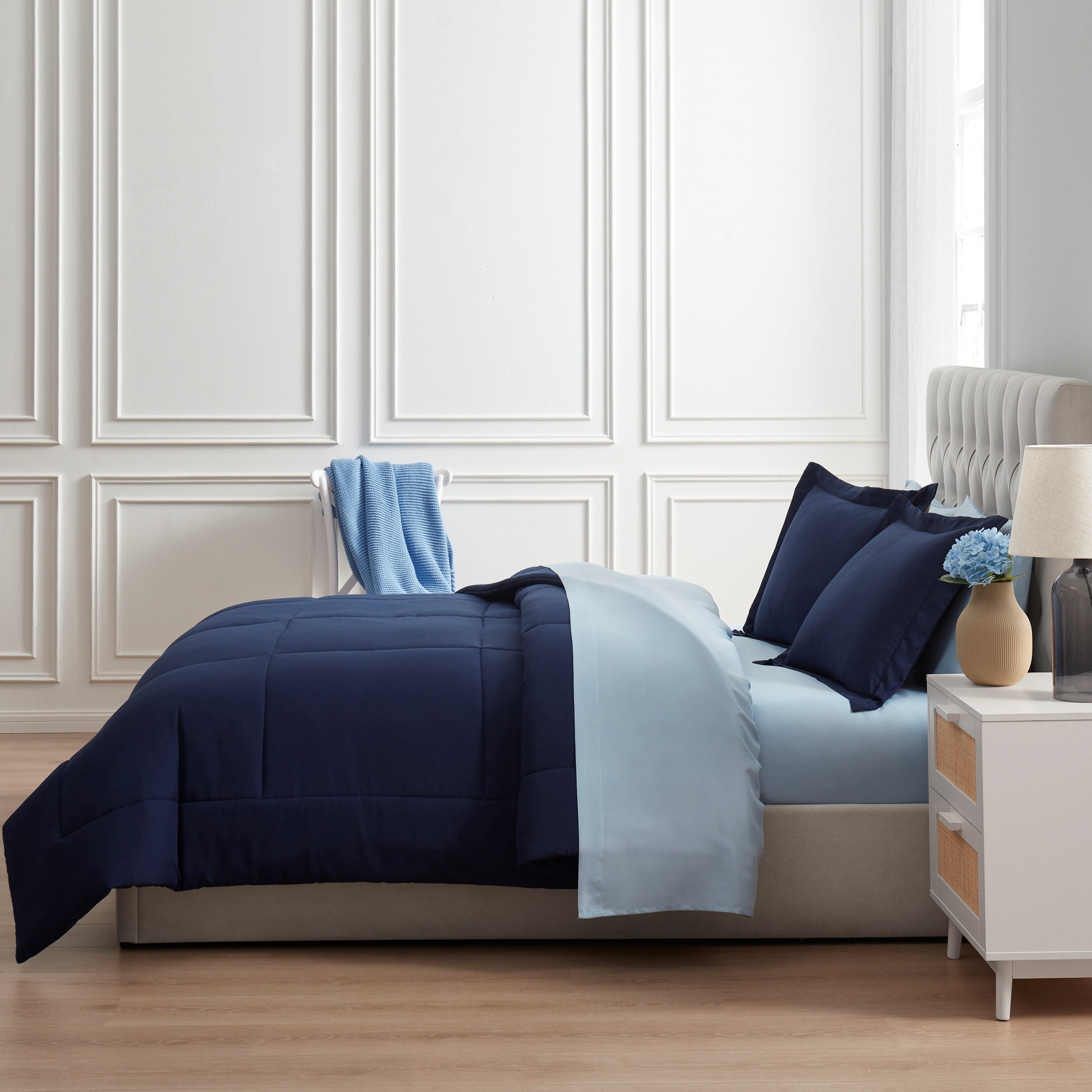 Mainstays All in One Reversible Comforter and Sheet set- 7 Piece, King, Navy