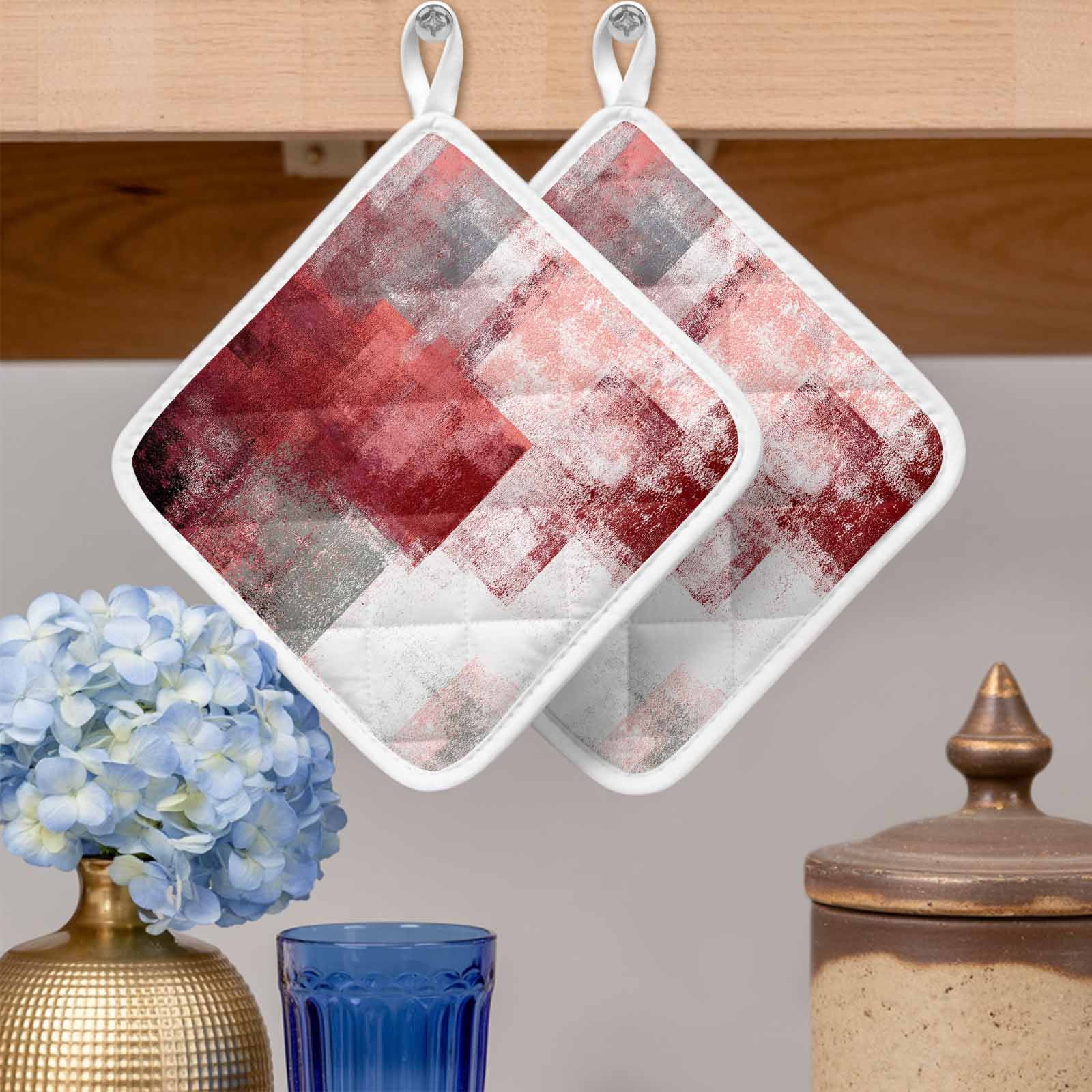 Red Grey Oil Painting Pot Holders for Kitchen Heatproof Potholder, 2 Pack Abstract Modern Street Smear Art Hot Pads Multipurpose Oven Pads Cloth Potholders Trivet for Cooking and Baking