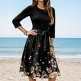 thumbnail image 2 of WTOBBY Women's Elegant Floral Print Waistband Round Neck 3/4 Sleeve Dress, Flowy Casual Sundress with Feminine Silhouette for Outings,Black L, 2 of 5