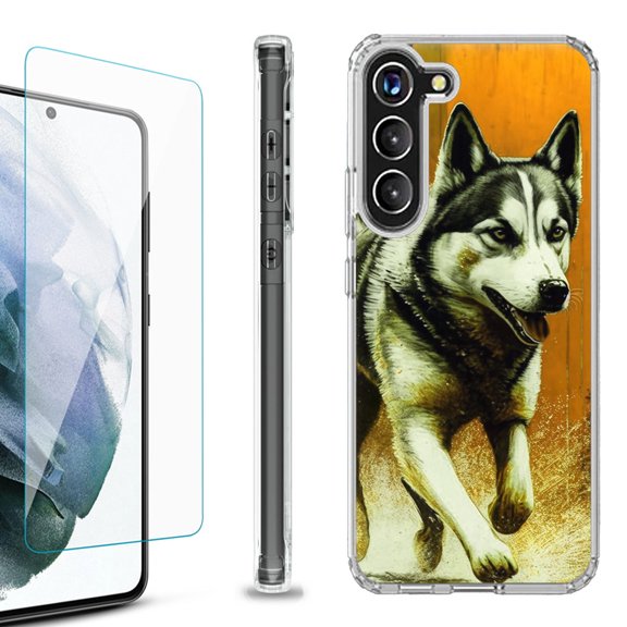 OneToughShield ® for Samsung Galaxy S23  S23 Plus 5G Shockproof Bumper Phone Case, with Tempered Glass Screen Protector - Running Husky