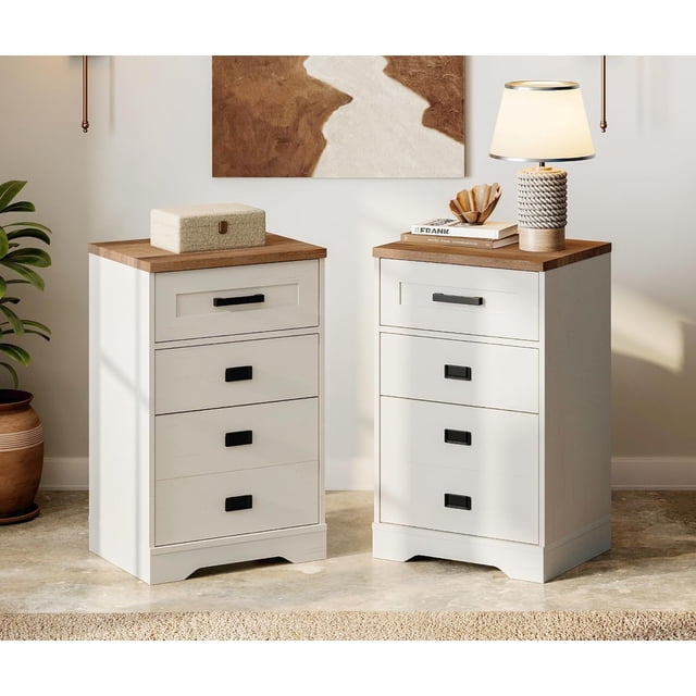 WAMPAT 2 Pack High Nightstand, 3-Drawer Side Table, Bedroom Living Room Office End Table, Rustic White