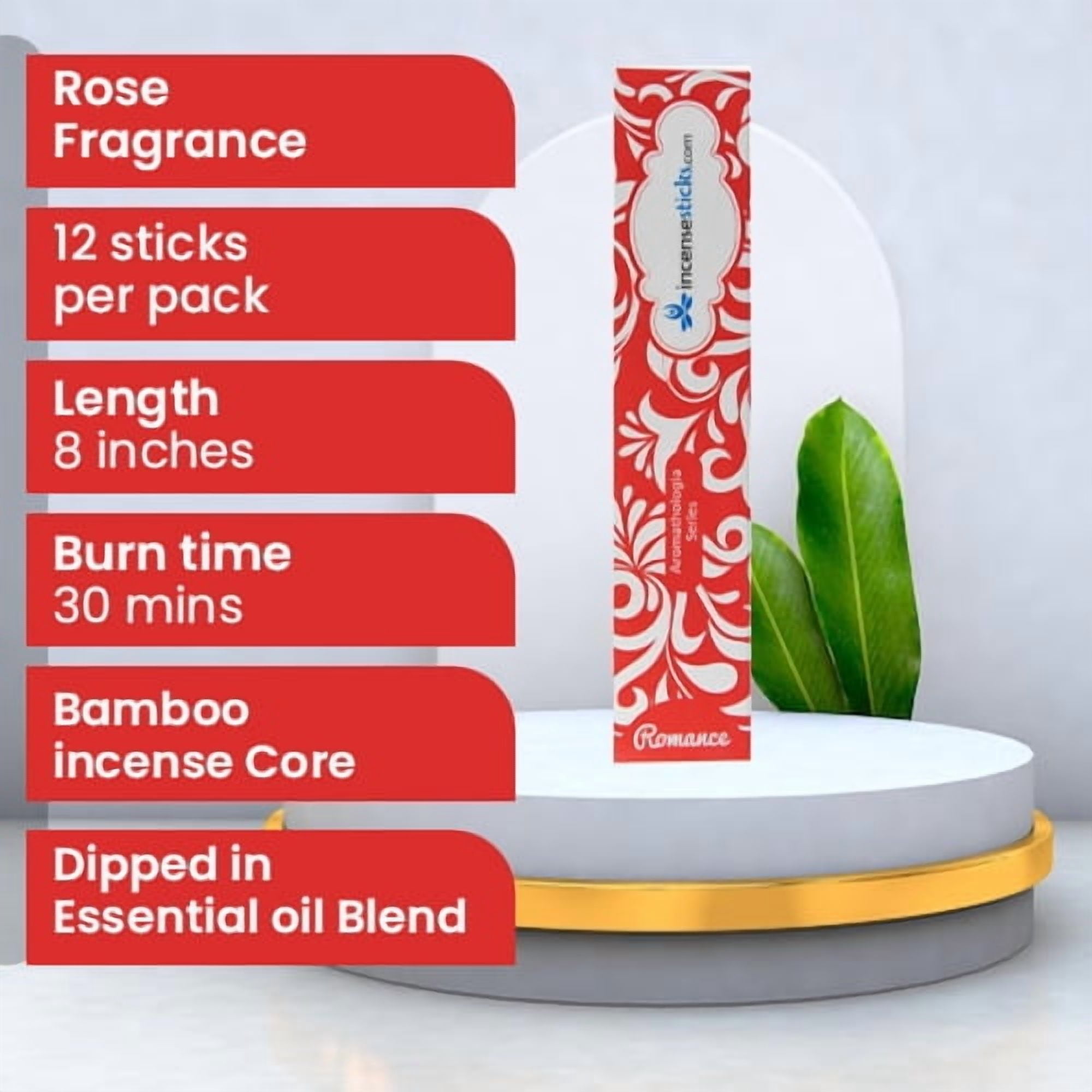 Romance Incense 8" 12 Sticks, 10 Packs, Rose Incense Blend